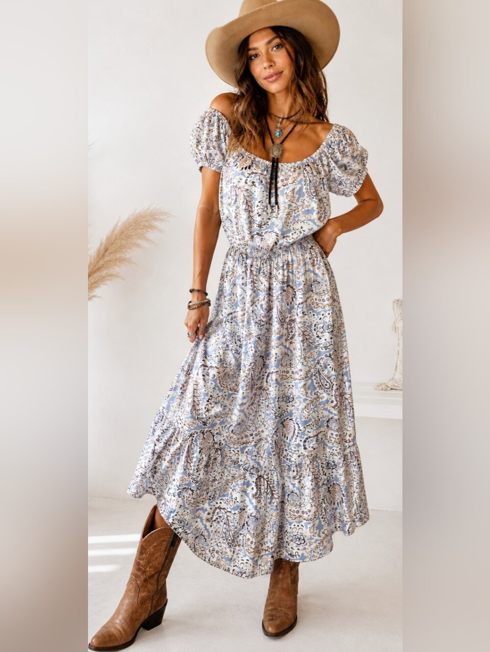Prairie Western Boho Maxi Dress Blue Paisley Off Shoulder Cottagecore XL Flowy